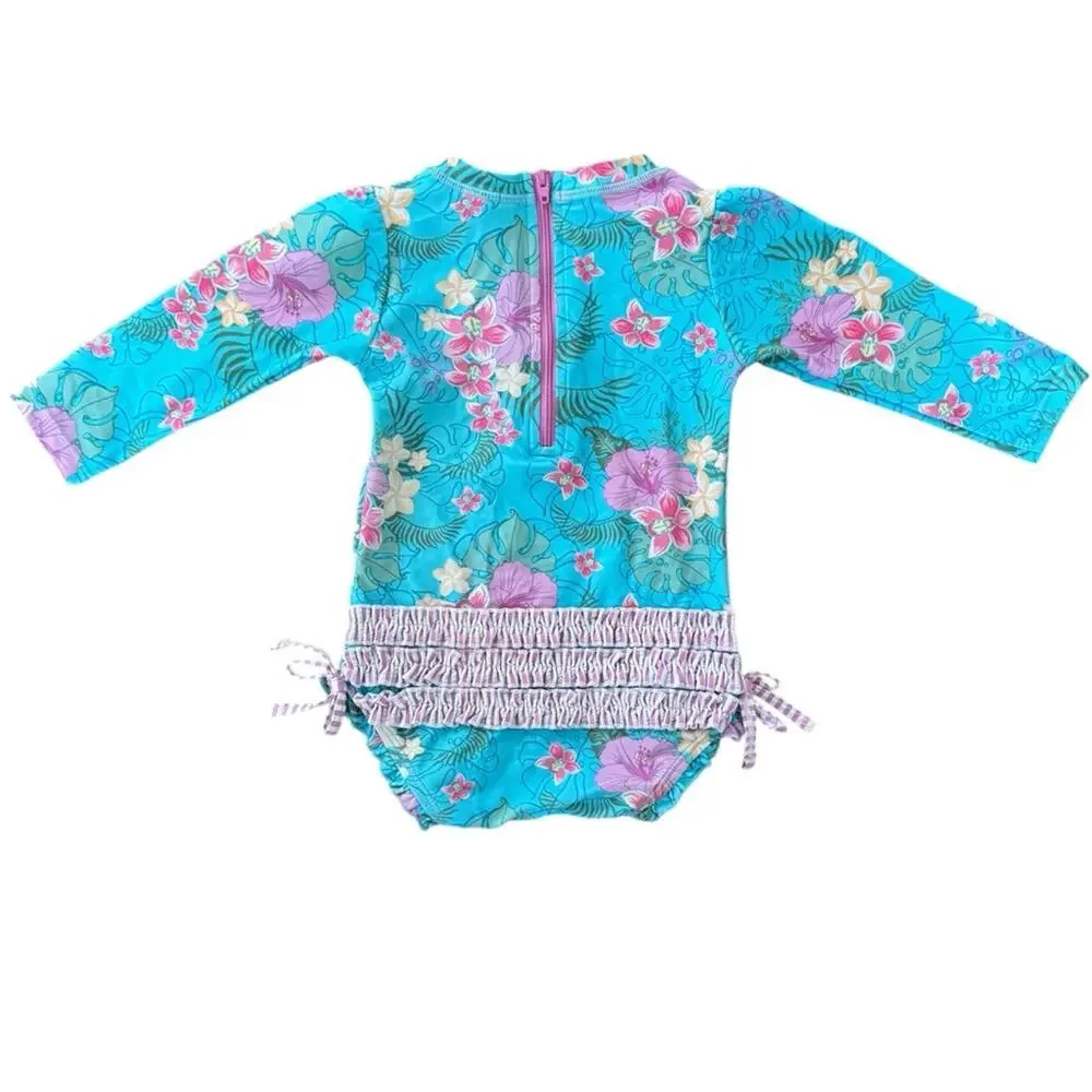 Ruffle Butts Orchid Oasis One Piece Rash Guard Swimwear Size 12-18 M UPF +50